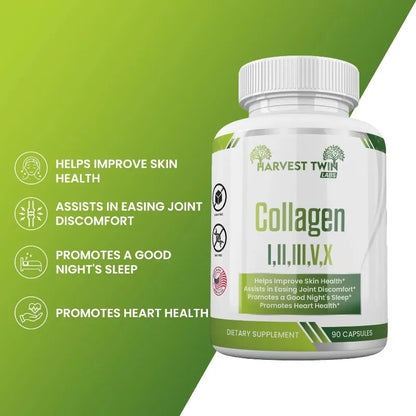 Harvest Twin Labs Collagen supplement bottle with green background and benefits listed.