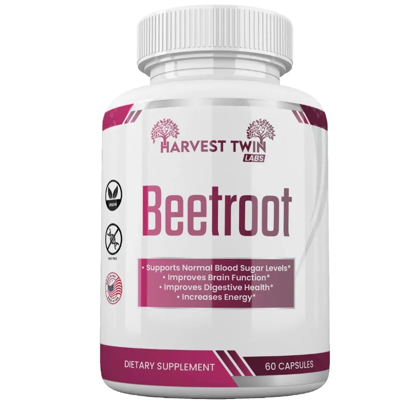 A white bottle of Harvest Twin Labs Beetroot dietary supplement with a white cap, featuring a white label with magenta text and accents.