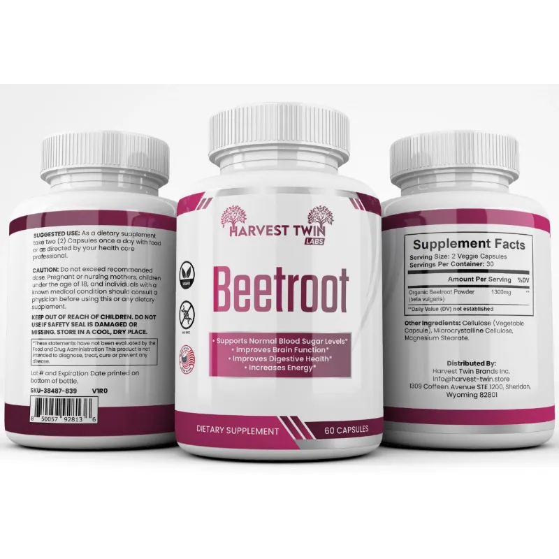 Three supplement bottles for Harvest Twin Beetroot shown on a white background, with the center bottle facing forward to display the label and the side bottles showing the back and supplement facts.