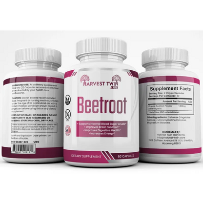 Three supplement bottles for Harvest Twin Beetroot shown on a white background, with the center bottle facing forward to display the label and the side bottles showing the back and supplement facts.