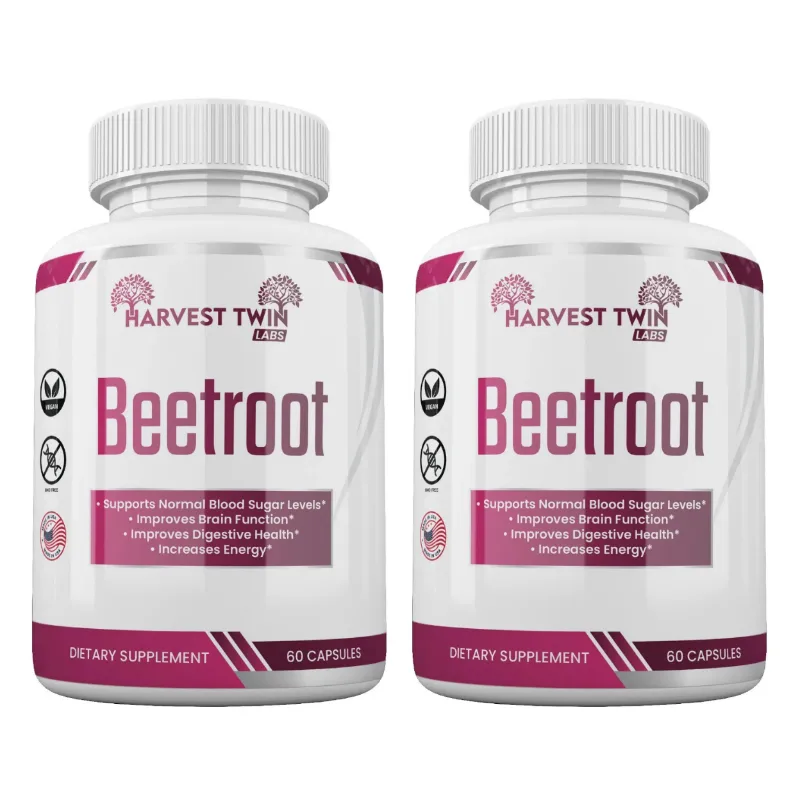 Two white bottles of Harvest Twin Labs Beetroot dietary supplement, each with a white cap and a label featuring white, magenta, and dark purple sections.