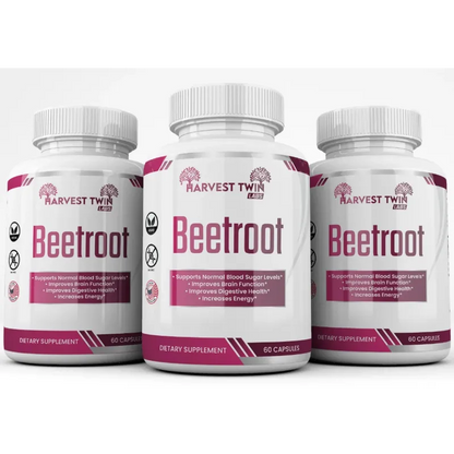 Three white bottles of Harvest Twin Beetroot dietary supplement arranged in a row against a light gray background.