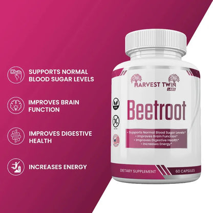 A bottle of Harvest Twin Beetroot dietary supplement on a magenta and white graphic background, with text listing benefits: supports normal blood sugar levels, improves brain function, improves digestive health, and increases energy.