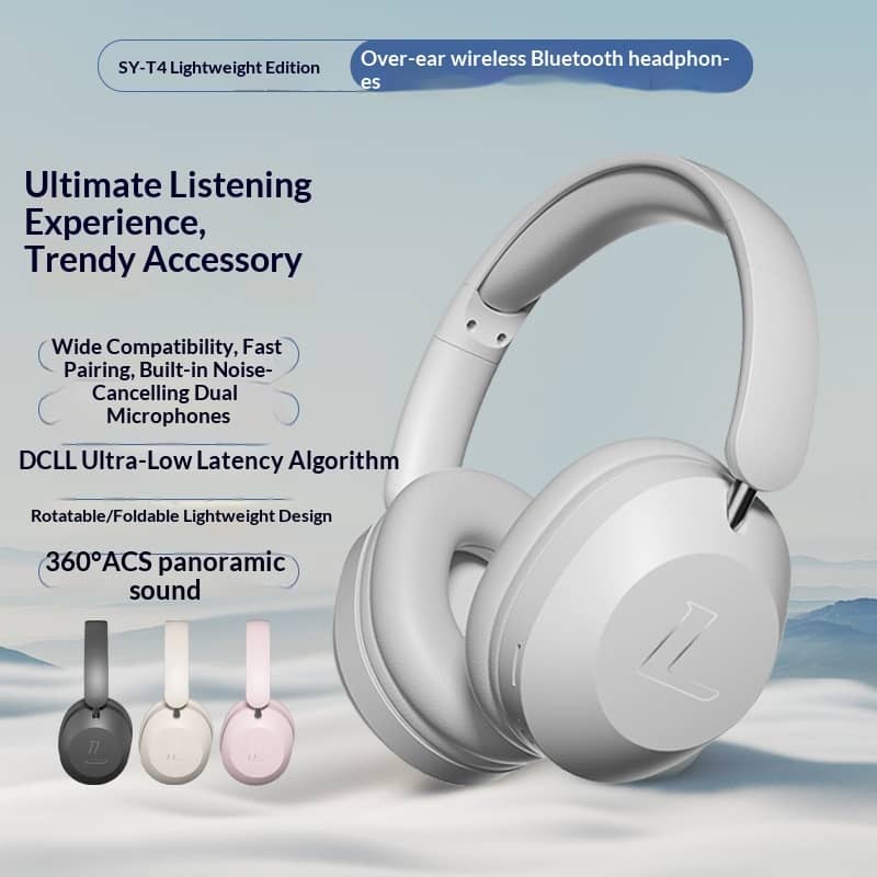 White over-ear wireless Bluetooth headphones with product features listed on a light blue background