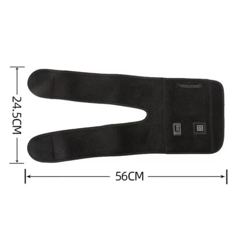 Adjustable black neoprene knee support wrap with control buttons, 56cm by 24.5cm