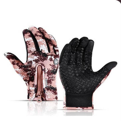 Camouflage outdoor gloves with zipper and textured grip, ideal for fitness and sports activities.