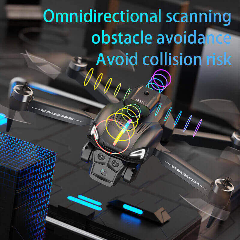 Drone with omnidirectional scanning and obstacle avoidance features on a dark background