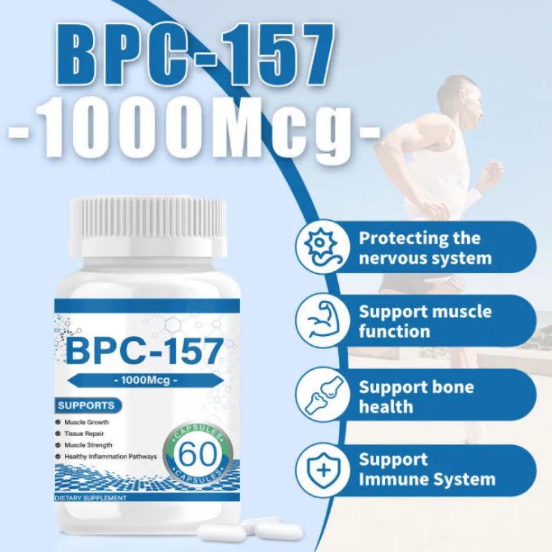A bottle of BPC-157 1000Mcg dietary supplements shown alongside four blue feature callouts on a light blue background with a faint running man graphic.