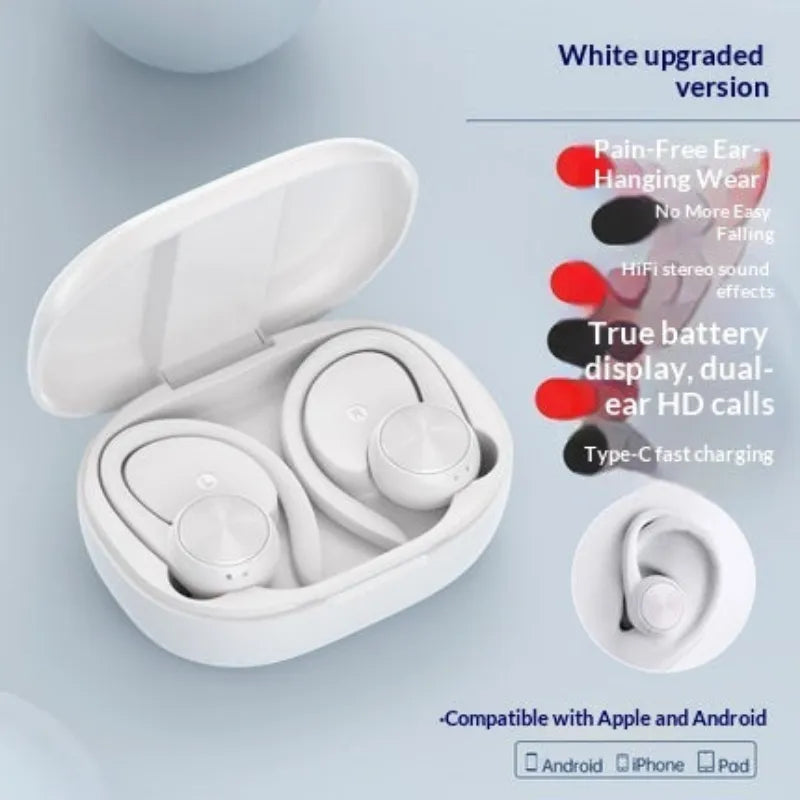 White wireless earbuds with charging case on a light blue background