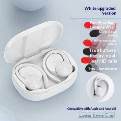 White wireless earbuds with charging case on a light blue background