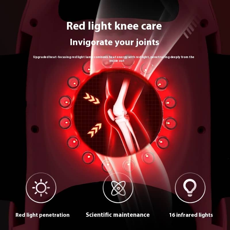 Red light knee care device with digital display and text on a black background