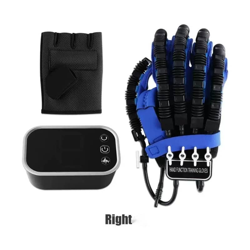 Hand function training glove set with control unit, black wrist band, and blue robotic glove for right hand rehabilitation.