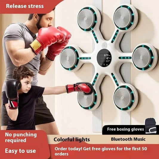 Man and child using electronic boxing reflex trainer with LED lights, wearing red boxing gloves, indoor fitness equipment.