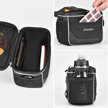 Black carrying case with compartments, a water bottle, and a card holder on a white background.