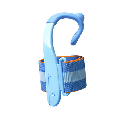 Blue shower caddy with a hook on a white background