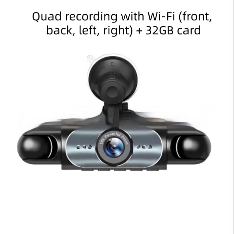Quad dash cam with Wi-Fi, 32GB card, four-way recording for cars, front view