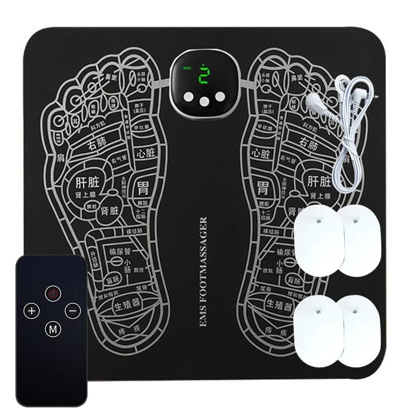 EMF Foot Massager with remote control and footprints on a black background