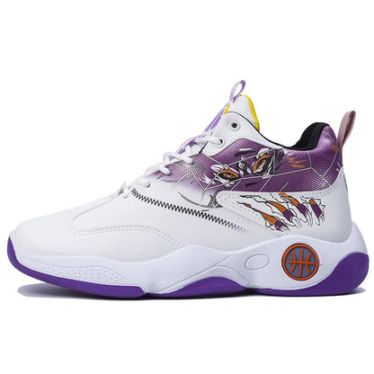 White sneaker with purple accents and basketball design on a white background