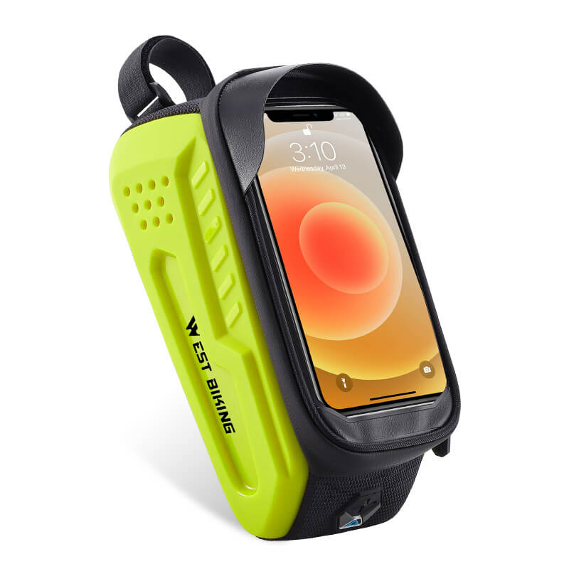 Green and black phone armband with a smartphone displaying a colorful screen on a white background.