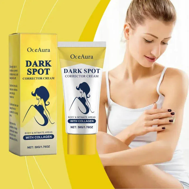 OceAura Dark Spot Corrector Cream shown with its yellow and white box and tube packaging.
