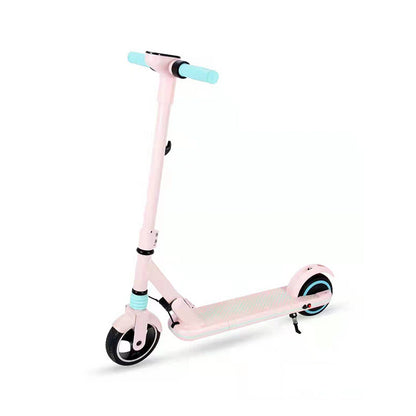 Pink scooter with black wheels on a white background
