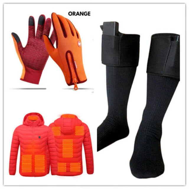 Orange thermal gloves, black heated socks, and red heated jacket for cold weather outdoor activities