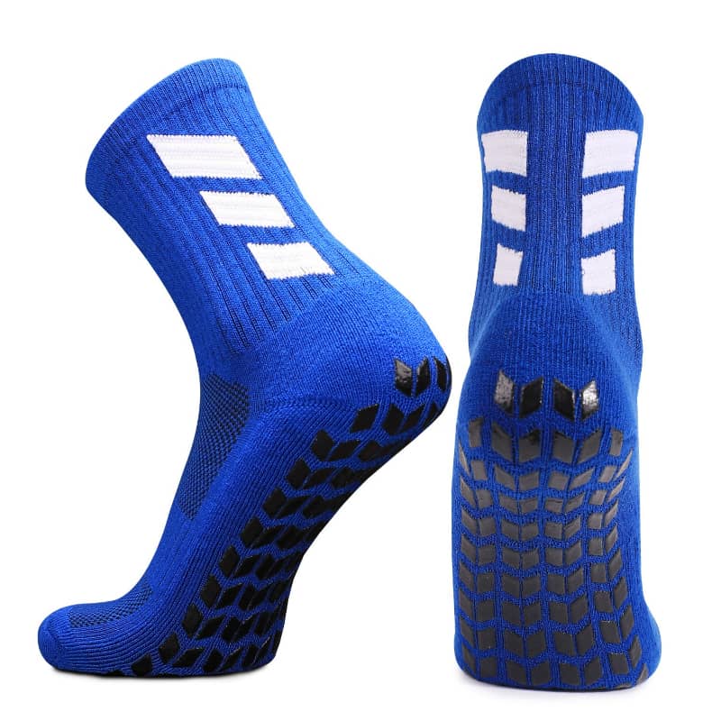 Pair of blue socks with white stripes on a white background