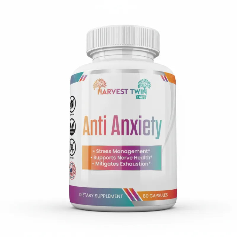 A white plastic bottle of Harvest Twin Health Anti Anxiety dietary supplement with a white ribbed cap, featuring a colorful label with purple, orange, and teal accents.