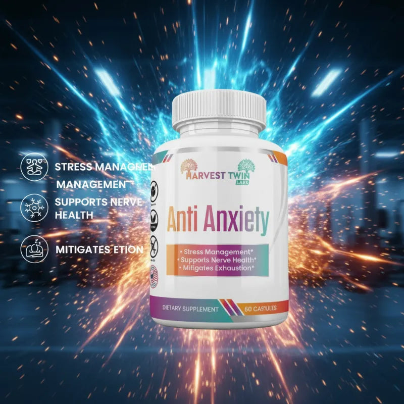 A white bottle of Harvest Twin Labs Anti Anxiety dietary supplement capsules, set against a dramatic, high-energy cosmic background with blue and orange light bursts. The bottle is flanked by three vertical text callouts on the left detailing its benefits: Stress Management, Nervous Health, and Mitigates PTSD.