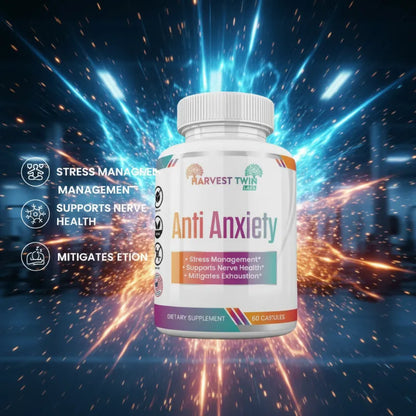 A white bottle of Harvest Twin Labs Anti Anxiety dietary supplement capsules, set against a dramatic, high-energy cosmic background with blue and orange light bursts. The bottle is flanked by three vertical text callouts on the left detailing its benefits: Stress Management, Nervous Health, and Mitigates PTSD.