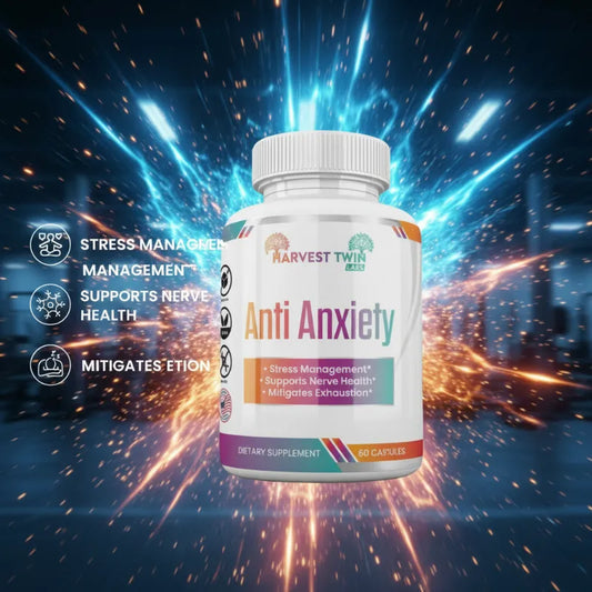 A white bottle of Harvest Twin Labs Anti Anxiety dietary supplement capsules, set against a dramatic, high-energy cosmic background with blue and orange light bursts. The bottle is flanked by three vertical text callouts on the left detailing its benefits: Stress Management, Nervous Health, and Mitigates PTSD.