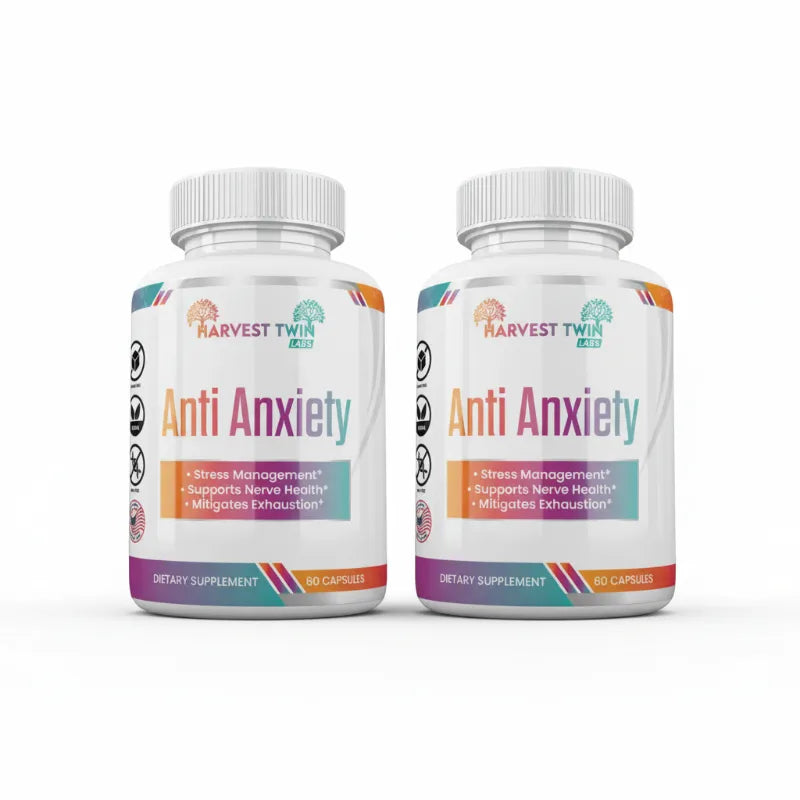 Two white supplement bottles labeled Harvest Twin Labs Anti Anxiety, shown side by side on a plain white background.