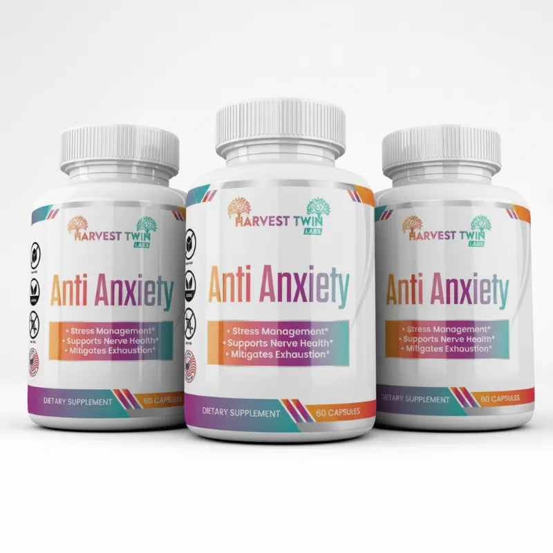 Three white supplement bottles labeled 'Harvest Twin Art Anti Anxiety' arranged together on a clean white background.