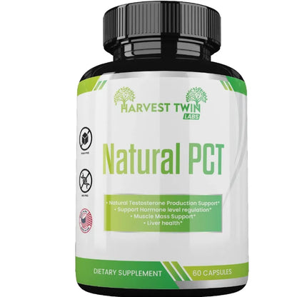 Harvest Twin Labs Natural PCT dietary supplement bottle with a black cap and white label featuring green text and accents, on a plain white background.