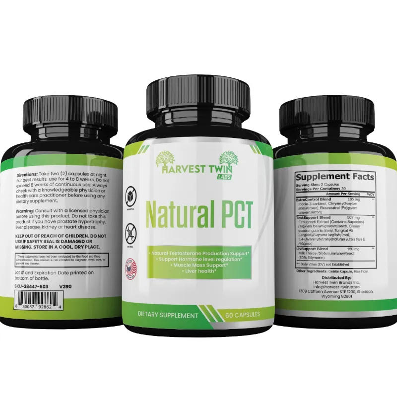 Three supplement bottles for Harvest Twin Labs Natural PCT shown on a plain white background, with the center bottle facing forward and the side bottles showing the back and supplement facts panels.