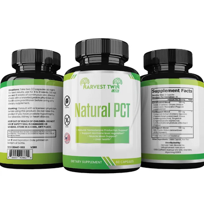 Three supplement bottles for Harvest Twin Labs Natural PCT shown on a plain white background, with the center bottle facing forward and the side bottles showing the back and supplement facts panels.