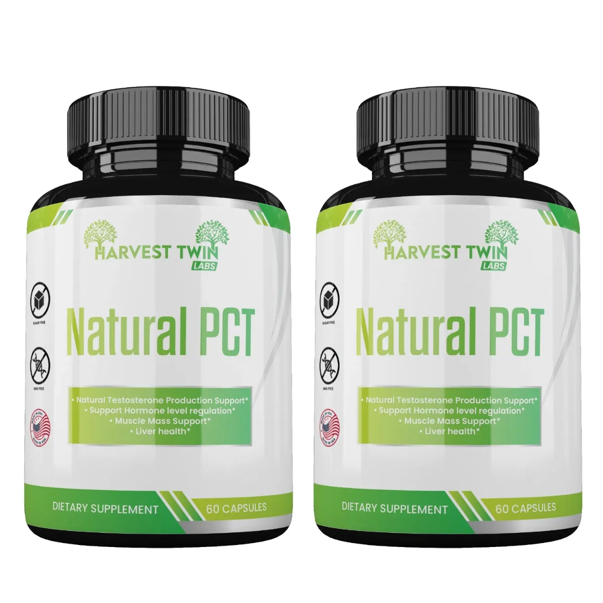 Two black supplement bottles with black caps labeled 'Harvest Twin Labs Natural PCT' on a plain white background.