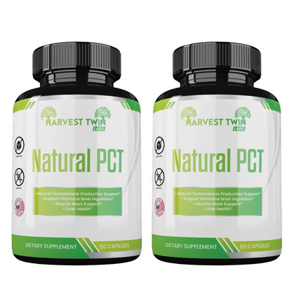 Two black supplement bottles with black caps labeled 'Harvest Twin Labs Natural PCT' on a plain white background.