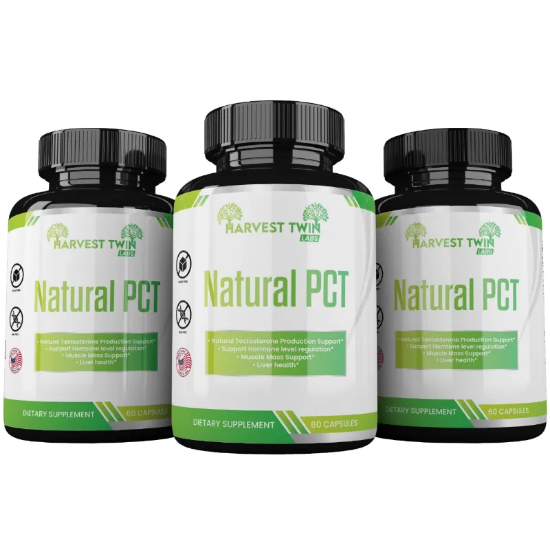 Three black supplement bottles with white and green labels reading 'Natural PCT' and 'Harvest Twin Labs' on a plain white background.