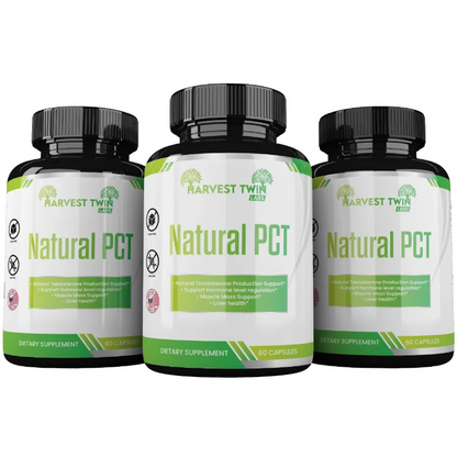 Three black supplement bottles with white and green labels reading 'Natural PCT' and 'Harvest Twin Labs' on a plain white background.