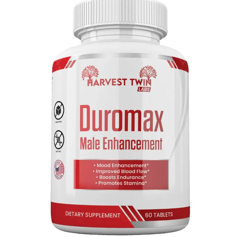 A white plastic bottle of Harvest Twin Labs Duromax Male Enhancement dietary supplement, containing 60 tablets, shown against a plain white background.