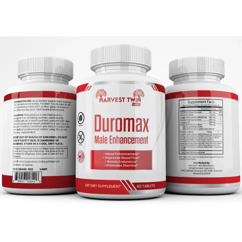 Three supplement bottles shown on a black background: the center bottle displays the front label for 'Harvest Twin Labs Duromax Male Enhancement', while the left and right bottles show the back labels with usage, warnings, and supplement facts.