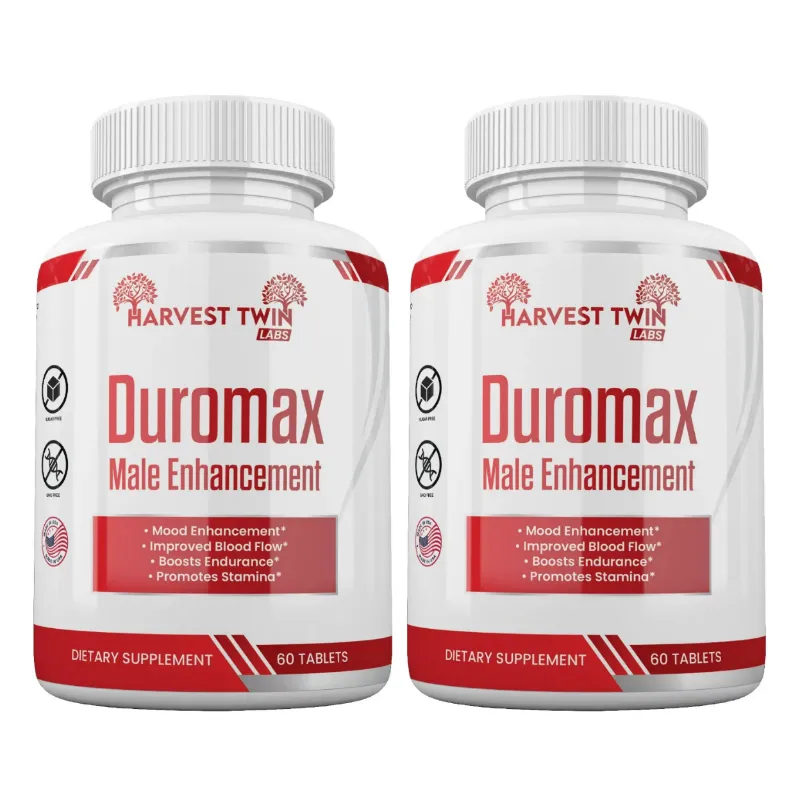 Two white supplement bottles of Harvest Twin Labs Duromax Male Enhancement side by side on a white background.