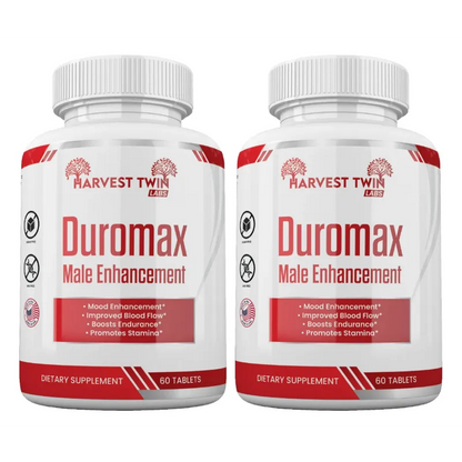 Two white supplement bottles of Harvest Twin Labs Duromax Male Enhancement side by side on a white background.