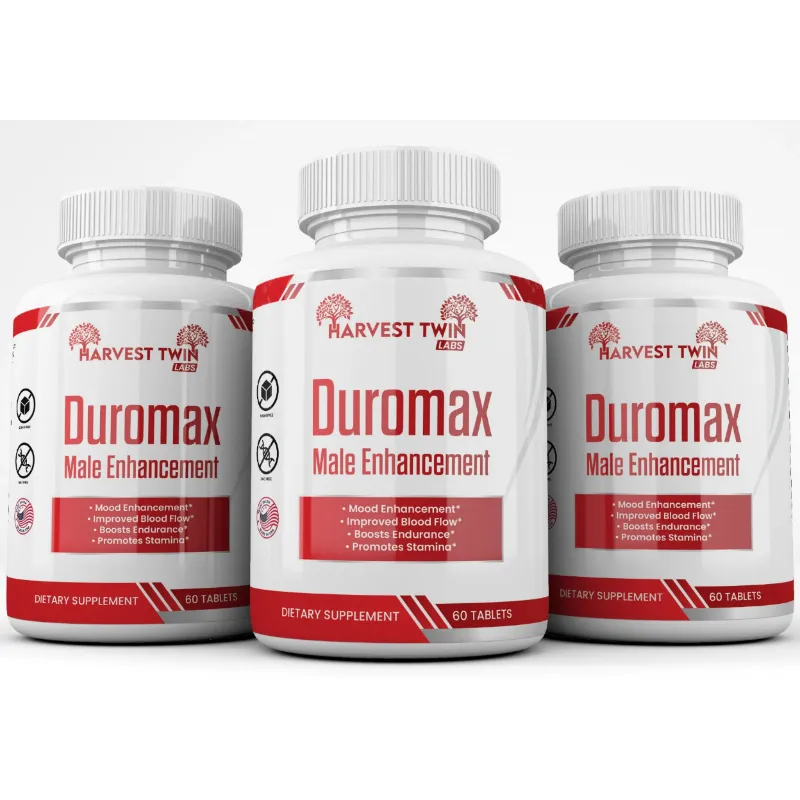 Three white supplement bottles labeled Harvest Twin Labs Duromax Male Enhancement, arranged side by side on a light gray background.