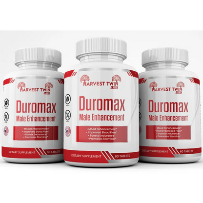 Three white supplement bottles labeled Harvest Twin Labs Duromax Male Enhancement, arranged side by side on a light gray background.