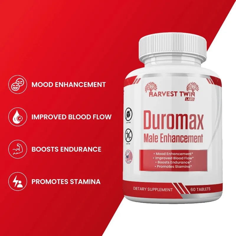 Harvest Twin Labs Duromax male enhancement supplement bottle on a red background with features listed.