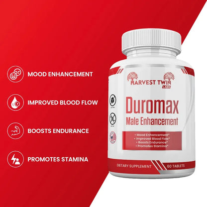 Harvest Twin Labs Duromax male enhancement supplement bottle on a red background with features listed.