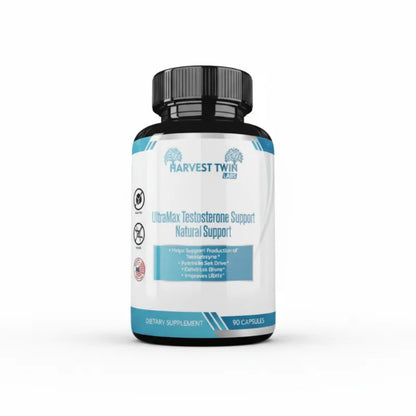 Harvest Twin Labs UltraMax Testosterone Support dietary supplement bottle with a black cap and white label featuring blue accents, on a solid white background.