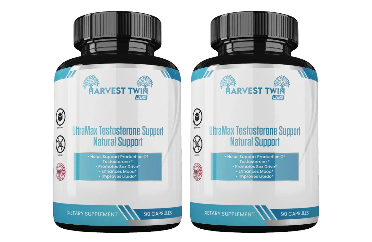 Two bottles of Harvest Twin Labs UltraMax Testosterone Support Natural Support dietary supplements, displayed side-by-side on a plain white background.